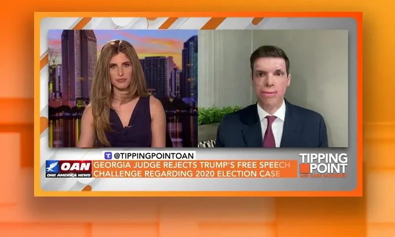 Video still from Tipping Point on One America News Network showing a split screen of the host on the left side, and on the right side is the guest, Cpt Sam Brown.