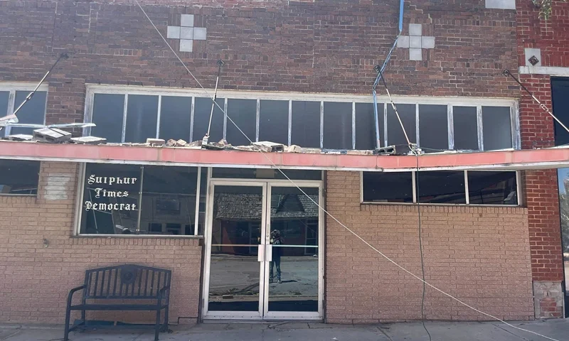 Damage surrounds the Sulphur Times-Democrat building on Monday, April 29, 2024, after a tornado plowed through the rural Oklahoma community and left wide destruction through downtown Sulphur, Oka. (AP Photo/Graham Lee Brewer)