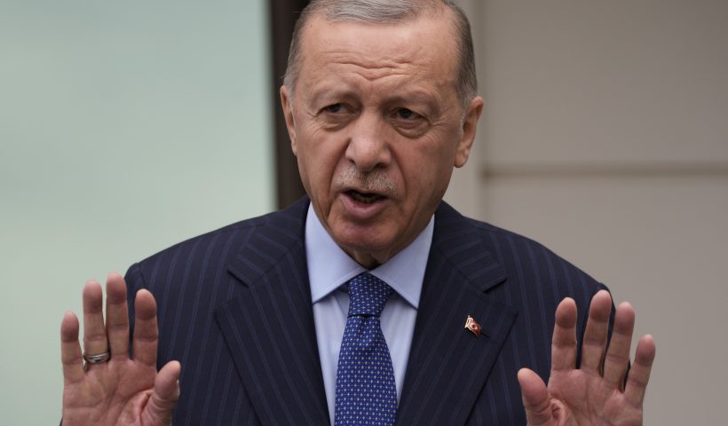 Turkish President Recep Tayyip Erdogan speaks to the media during a presser following the Friday noon prayer in Istanbul, Turkey, Friday, May 3, 2024. Turkey on Thursday suspended all imports and exports to Israel citing the country's ongoing military action in Gaza and vowed to continue to impose the measures until the Israeli government allows the flow of humanitarian aid to the region. (AP Photo/Khalil Hamra)