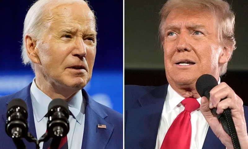 In this combination photo, President Joe Biden speaks May 2, 2024, in Wilmington, N.C., left, and Republican presidential candidate former President Donald Trump speaks at a campaign rally, May 1, 2024, in Waukesha, Wis. President Joe Biden says he won’t participate in the campaign debates sponsored by a nonpartisan commission, instead challenging Republican Donald Trump to a pair of debates. Biden said Wednesday that Trump lost two debates to him in 2020 and since then, he hasn’t shown up for a debate. Biden proposes debating Trump twice. (AP Photo)