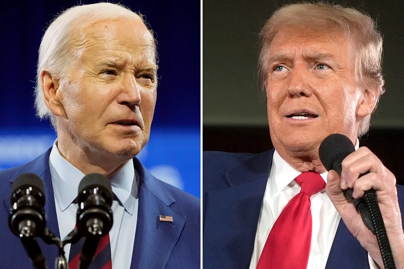 In this combination photo, President Joe Biden speaks May 2, 2024, in Wilmington, N.C., left, and Republican presidential candidate former President Donald Trump speaks at a campaign rally, May 1, 2024, in Waukesha, Wis. President Joe Biden says he won’t participate in the campaign debates sponsored by a nonpartisan commission, instead challenging Republican Donald Trump to a pair of debates. Biden said Wednesday that Trump lost two debates to him in 2020 and since then, he hasn’t shown up for a debate. Biden proposes debating Trump twice. (AP Photo)