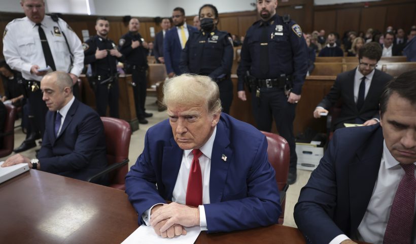 Former President Donald Trump attends his trial at the Manhattan Criminal court, Monday, May 6, 2024, in New York. (Win McNamee/Pool Photo via AP)