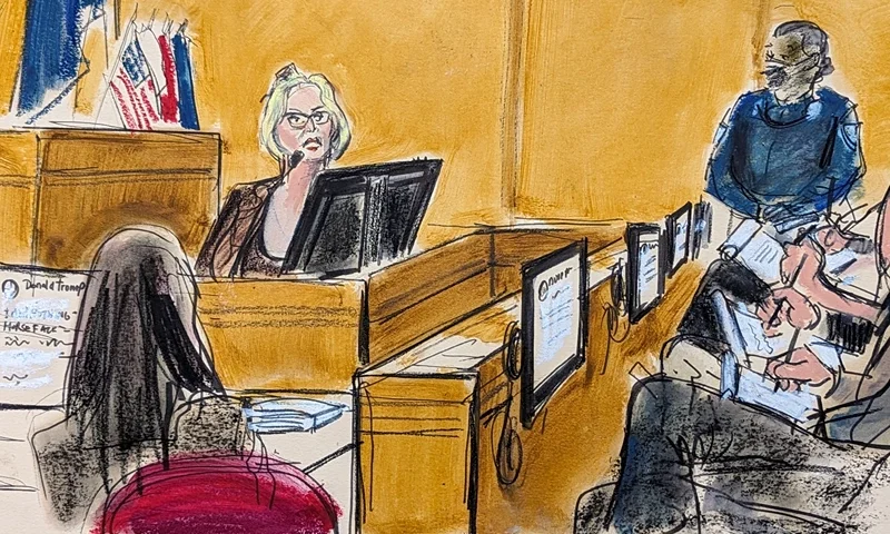 Jurors take notes as Stormy Daniels testifies in Manhattan criminal court, Tuesday, May 7, 2024, in New York, (Elizabeth Williams via AP) ID: 24128732687744