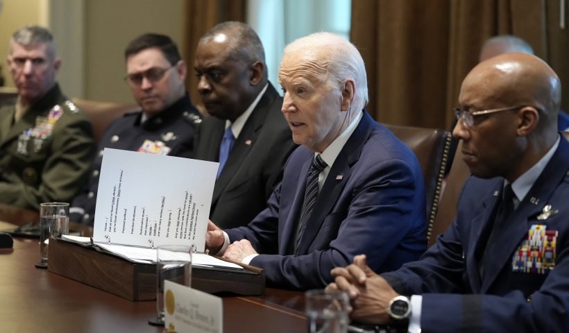 President Joe Biden speaks at the beginning of his meeting with the Combatant Commanders in the Cabinet Room of the White House in Washington, Wednesday, May 15, 2024, before hosting them for a dinner. At right is Chairman of the Joint Chiefs of Staff Air Force Gen. CQ Brown. (AP Photo/Susan Walsh)