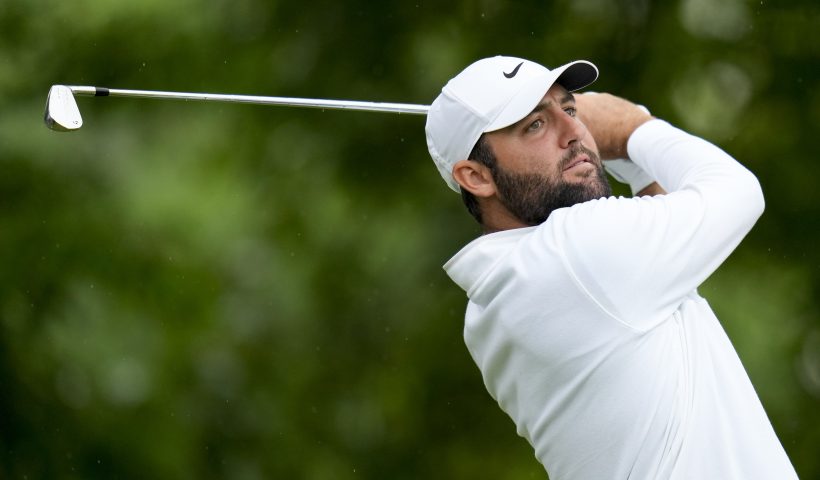 Scottie Scheffler watches his tee shot on the 11th hole during the second round of the PGA Championship golf tournament at the Valhalla Golf Club, Friday, May 17, 2024, in Louisville, Ky. (AP Photo/Jeff Roberson)
