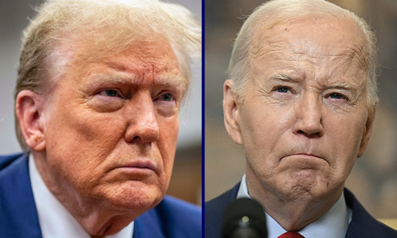 (L) NEW YORK, NEW YORK - MAY 2: Former U.S. President Donald Trump attends his trial for allegedly covering up hush money payments at Manhattan Criminal Court on May 2, 2024 in New York City. Trump was charged with 34 counts of falsifying business records last year, which prosecutors say was an effort to hide a potential sex scandal, both before and after the 2016 presidential election. Trump is the first former U.S. president to face trial on criminal charges. (Photo by Mark Peterson-Pool/Getty Images) / (R) US President Joe Biden speaks about the protests over Israel's war against Hamas in Gaza that have roiled US college campuses, in the Roosevelt Room of the White House in Washington, DC, on May 2, 2024. Biden broke his virtual silence Thursday on the nationwide Gaza campus protests, saying the US was not authoritarian but insisting "order must prevail." The White House remarks comes after hundreds of police cleared a sprawling protest encampment overnight at the University of California, Los Angeles, tearing down barriers and arresting students. (Photo by Drew ANGERER / AFP) (Photo by DREW ANGERER/AFP via Getty Images)