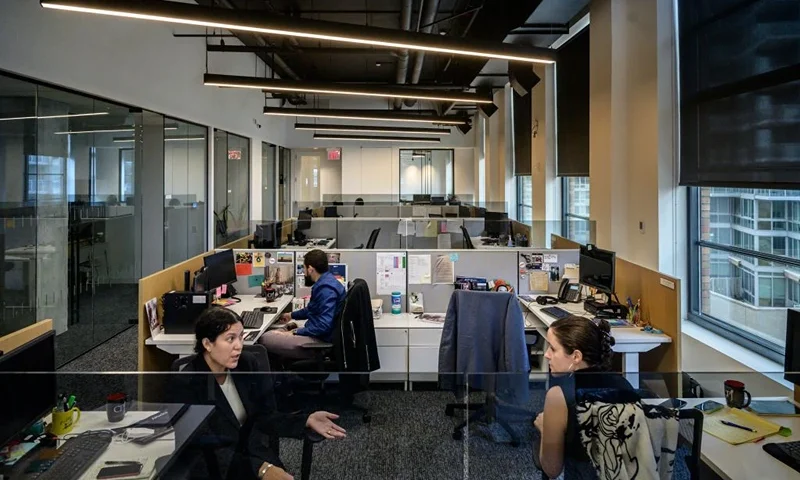 Staff sit at their desks at the offices of the Committee to Protect Journalists (CPJ), in New York city on October 5, 2021. (Photo by Ed JONES / AFP) (Photo by ED JONES/AFP via Getty Images)