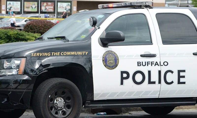 Multiple People Injured After Mass Shooting At Buffalo Food Market BUFFALO, NY - MAY 14: Buffalo Police on scene at a Tops Friendly Market on May 14, 2022 in Buffalo, New York. According to reports, at least 10 people were killed after a mass shooting at the store with the shooter in police custody. (Photo by John Normile/Getty Images)