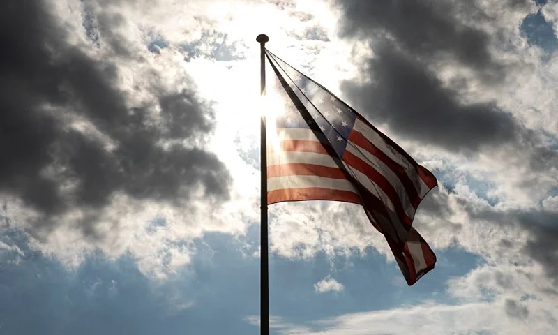 This photograph taken on September 5, 2022 shows an US flag flying on the beach of Deauville, western France during the 48th Deauville US Film Festival in Deauville. (Photo by Lou BENOIST / AFP) (Photo by LOU BENOIST/AFP via Getty Images)