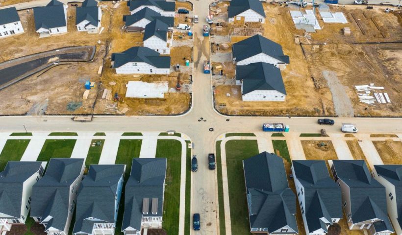 In this aerial view, completed and under construction new homes at a site in Trappe, Maryland, on October 28, 2022. - New home sales in the US dipped in September, official data showed on October 26, 2022, as worsening affordability nudges ownership further out of reach for many. Sales soared during the coronavirus pandemic as Americans snapped up homes on the back of bargain mortgage rates, but the sector has cooled with the US Federal Reserve hiking lending rates as it fights to bring down surging inflation. (Photo by Jim WATSON / AFP) (Photo by JIM WATSON/AFP via Getty Images)