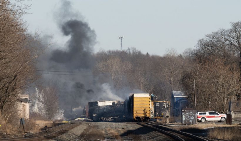 Smoke rises from a derailed cargo train in East Palestine, Ohio, on February 4, 2023. - The train accident sparked a massive fire and evacuation orders, officials and reports said Saturday. No injuries or fatalities were reported after the 50-car train came off the tracks late February 3 near the Ohio-Pennsylvania state border. The train was shipping cargo from Madison, Illinois, to Conway, Pennsylvania, when it derailed in East Palestine, Ohio. (Photo by DUSTIN FRANZ / AFP) (Photo by DUSTIN FRANZ/AFP via Getty Images)
