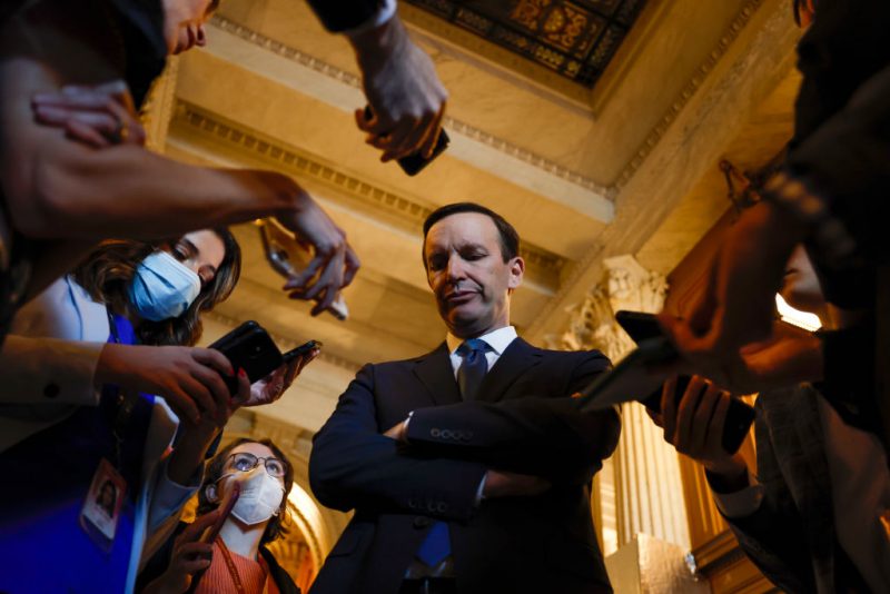 WASHINGTON, DC - JUNE 21: Sen. Chris Murphy (D-CT) speaks to reporters outside of the Senate Chambers of the U.S. Capitol on June 21, 2022 in Washington, DC. The bipartisan group of senators working on gun reform legislation returned to DC today after the long weekend and reported that progress is being made in the negotiations, saying text and action on the Senate floor for the legislation is imminent. (Photo by Anna Moneymaker/Getty Images)