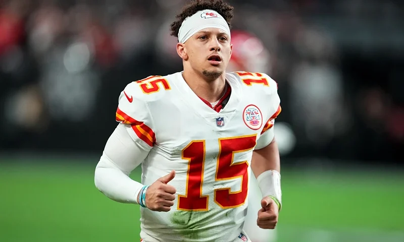 LAS VEGAS, NEVADA - JANUARY 07: Patrick Mahomes #15 of the Kansas City Chiefs runs off the field after the first half against the Las Vegas Raiders at Allegiant Stadium on January 07, 2023 in Las Vegas, Nevada. (Photo by Chris Unger/Getty Images)