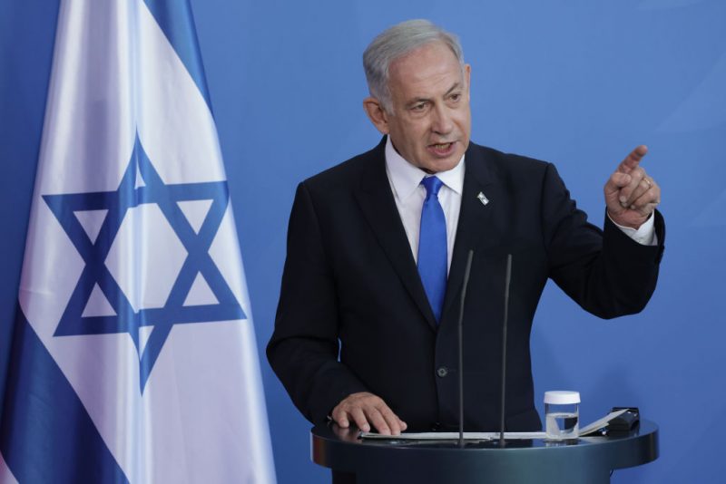 BERLIN, GERMANY - MARCH 16: Israeli Prime Minister Benjamin Netanyahu and German Chancellor Olaf Scholz (not pictured) speak to the media following talks at the Chancellery on March 16, 2023 in Berlin, Germany. Netanyahu's one-day visit to Berlin is being accompanied by protests, including both by people angry over Israel’s policies towards Palestinians as well as those critical of possible new legislation in Israel supported by Netanyahu that would undermine the independence and the power of Israel's Supreme Court, effectively curtailing democracy in Israel. (Photo by Sean Gallup/Getty Images)