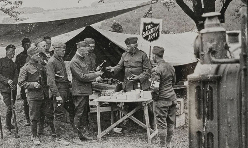 Soldiers (Doughboys)from the American Expeditionary Forces of the United States Armed Forces lining up for food and drink at a Salvation Army tent behind the front lines of the Western Front in north east of France circa mid 1918. (Photo by FPG/Archive Photos/Getty Images)