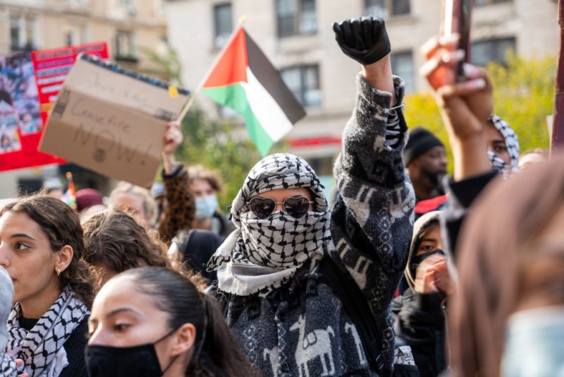 NEW YORK, NEW YORK - NOVEMBER 15: Students participate in a protest in support of Palestine and for free speech outside of the Columbia University campus on November 15, 2023 in New York City. The university suspended two student organizations, Students for Justice in Palestine, and Jewish Voices for Peace, for violating university policies. The tense atmosphere at many college campuses has increased as student groups, activists and others have protested both in support of Israel and Palestine (Photo by Spencer Platt/Getty Images)