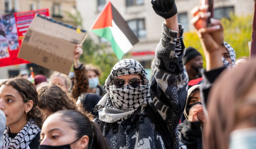 NEW YORK, NEW YORK - NOVEMBER 15: Students participate in a protest in support of Palestine and for free speech outside of the Columbia University campus on November 15, 2023 in New York City. The university suspended two student organizations, Students for Justice in Palestine, and Jewish Voices for Peace, for violating university policies. The tense atmosphere at many college campuses has increased as student groups, activists and others have protested both in support of Israel and Palestine (Photo by Spencer Platt/Getty Images)