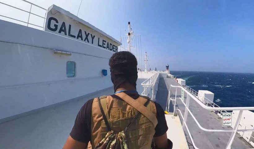 INTERNATIONAL WATERS RED SEA, YEMEN - NOVEMBER 20: This handout screen grab captured from a video shows Yemen's Houthi fighters' takeover of the Galaxy Leader Cargo in the Red Sea coast off Hudaydah, on November 20, 2023 in the Red Sea, Yemen. On Monday, the Houthi movement in Yemen released footage and photos of the Houthi-run coastguard taking over the Israeli-linked Galaxy Leader Vessel in the Red Sea, which had 52 people onboard. Galaxy Leader is owned by Galaxy Maritime Ltd in the Isle of Man and is linked to Israeli businessman Abraham Ungar through Ray Car Carriers. (Photo by Houthi Movement via Getty Images)