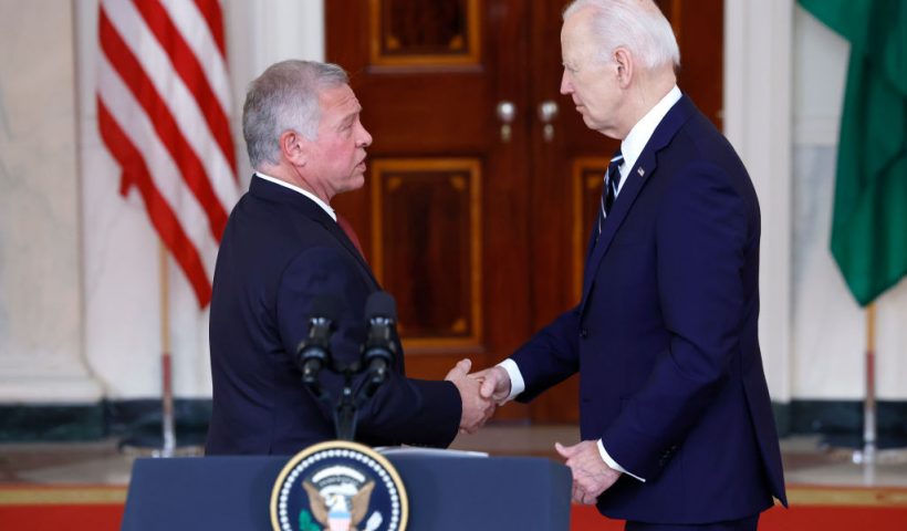 WASHINGTON, DC - FEBRUARY 12: U.S. President Joe Biden shakes hands with King of Jordan Abdullah II ibn Al Hussein after giving remarks White House on February 12, 2024 in Washington, DC. The King of Jordan is visiting the Nation's capital as part of his yearly visit amidst ongoing hostage negotiations between Hamas and Israel and after a strike killed three U.S. soldiers at a military base in northeast Jordan. (Photo by Anna Moneymaker/Getty Images)