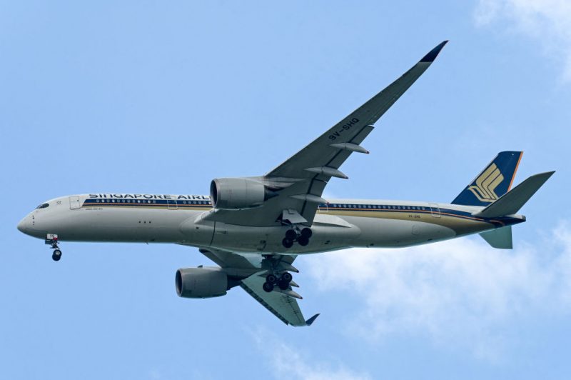 An Airbus A350 Singapore Airlines aircraft approaches for landing at Singapore Changi Airport in Singapore on March 24, 2024. (Photo by Roslan RAHMAN / AFP) (Photo by ROSLAN RAHMAN/AFP via Getty Images)