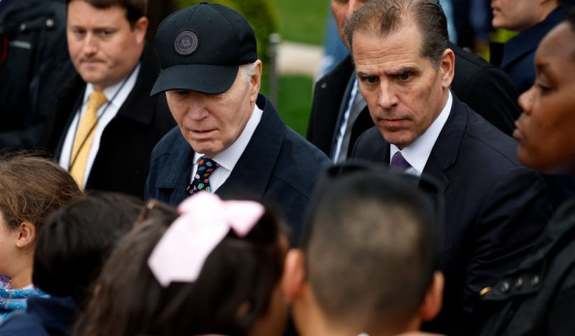 WASHINGTON, DC - APRIL 01: U.S. President Joe Biden and his son Hunter Biden talk with guests during the White House Easter Egg Roll on the South Lawn on April 01, 2024 in Washington, DC. The White House said they are expecting thousands of children and adults to participate in the annual tradition of rolling colored eggs down the White House lawn, a tradition started by President Rutherford B. Hayes in 1878. (Photo by Chip Somodevilla/Getty Images)