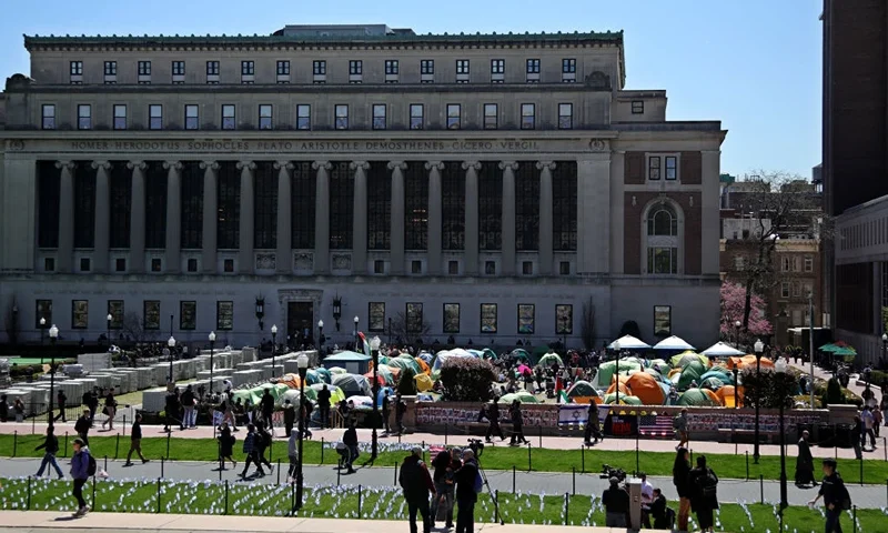 Pro-Palestinian students and activists gather at a protest encampment on the campus of Columbia University in New York City on April 25, 2024. College campuses across the US braced for fresh protests by pro-Palestinian students, extending a week of increasingly confrontational standoffs with police, mass arrests and accusations of anti-Semitism. (Photo by Leonardo Munoz / AFP) (Photo by LEONARDO MUNOZ/AFP via Getty Images)