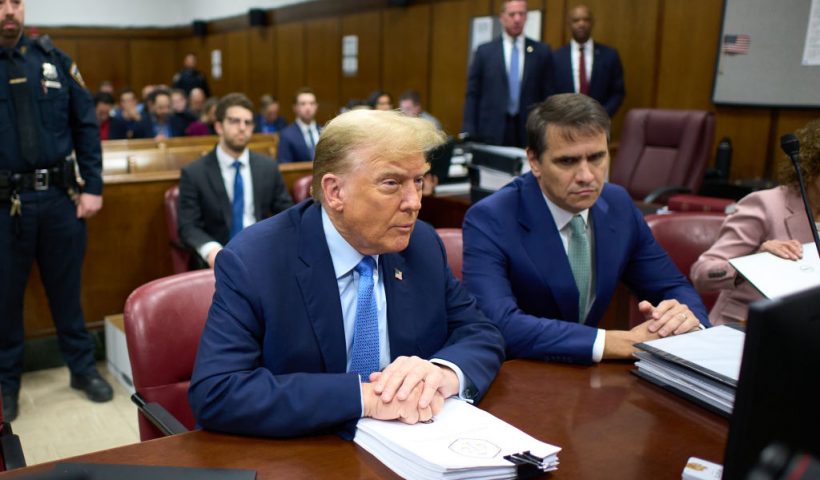 NEW YORK, NEW YORK - APRIL 26: Former U.S. President Donald Trump (L) appears in court with his attorney Todd Blanche during his trial for allegedly covering up hush money payments at Manhattan Criminal Court on April 26, 2024 in New York City. Former U.S. President Donald Trump faces 34 felony counts of falsifying business records in the first of his criminal cases to go to trial. (Photo by Curtis Means-Pool/Getty Images)