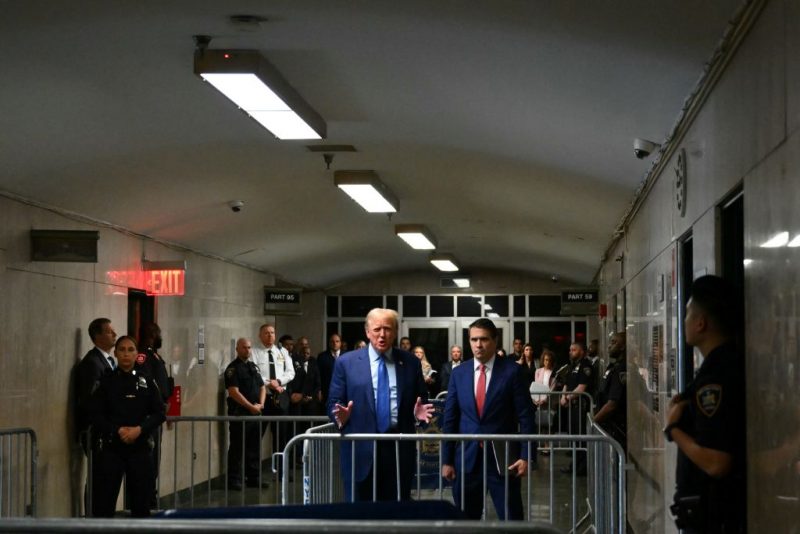 NEW YORK, NEW YORK - MAY 9: Former U.S. President Donald Trump speaks to the press at the end of the day during his trial for allegedly covering up hush money payments at Manhattan Criminal Court on May 9, 2024 in New York City. Former U.S. President Donald Trump faces 34 felony counts of falsifying business records in the first of his criminal cases to go to trial. (Photo by Angela Weiss-Pool/Getty Images)