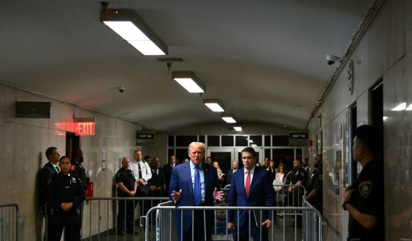 NEW YORK, NEW YORK - MAY 9: Former U.S. President Donald Trump speaks to the press at the end of the day during his trial for allegedly covering up hush money payments at Manhattan Criminal Court on May 9, 2024 in New York City. Former U.S. President Donald Trump faces 34 felony counts of falsifying business records in the first of his criminal cases to go to trial. (Photo by Angela Weiss-Pool/Getty Images)