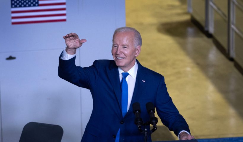 STURTEVANT, WISCONSIN - MAY 08: U.S. President Joe Biden speaks to guests during an event at Gateway Technical College’s iMet Center on May 08, 2024 in Sturtevant, Wisconsin. During the event, Biden spoke about Microsoft’s plan to invest $3.3 billion to build an artificial intelligence data center in the state. (Photo by Scott Olson/Getty Images)
