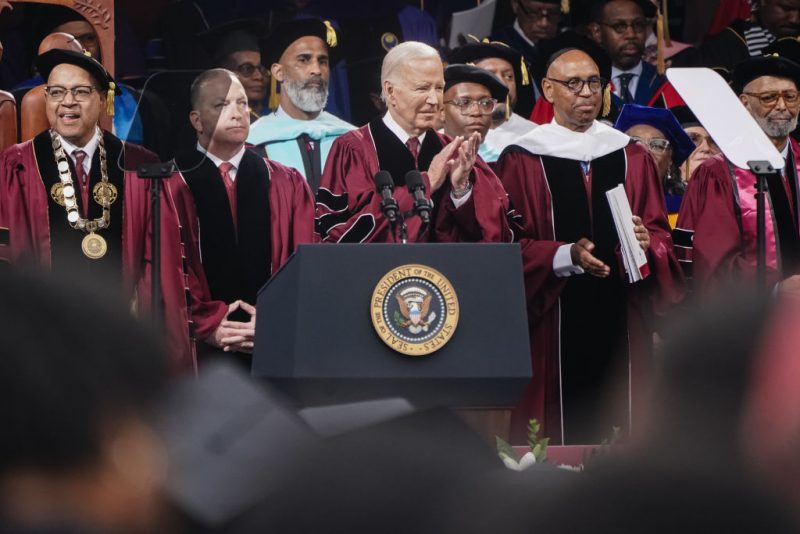 ATLANTA, GEORGIA - MAY 19: U.S. President Joe Biden claps during the Morehouse College Commencement on May 19, 2024 in Atlanta, Georgia. President Biden is appearing at the school during a time when pro-Palestinian demonstrations are still occurring on campuses across the country to protest Israel's war in Gaza. (Photo by Elijah Nouvelage/Getty Images)