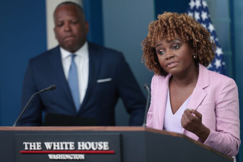 WASHINGTON, DC - MAY 16: White House press secretary Karine Jean-Pierre speaks during the daily press briefing with Steve Benjamin, Director of the Office of Public Engagement, at the White House on May 16, 2024 in Washington, DC. Jean-Pierre answered a range of questions on domestic and international policy issues during the briefing. (Photo by Win McNamee/Getty Images)