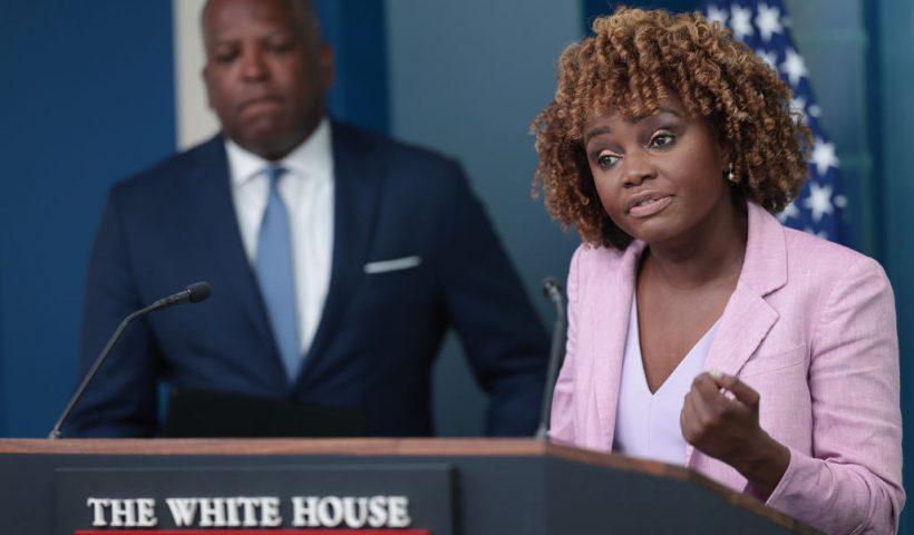 WASHINGTON, DC - MAY 16: White House press secretary Karine Jean-Pierre speaks during the daily press briefing with Steve Benjamin, Director of the Office of Public Engagement, at the White House on May 16, 2024 in Washington, DC. Jean-Pierre answered a range of questions on domestic and international policy issues during the briefing. (Photo by Win McNamee/Getty Images)