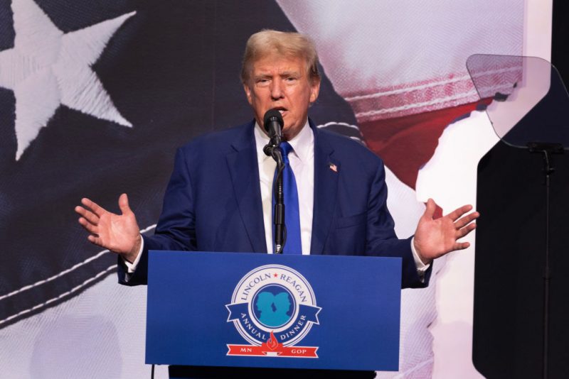 ST PAUL, MINNESOTA - MAY 17: Republican presidential candidate former President Donald Trump speaks to guests at the annual Lincoln Reagan Dinner hosted by the Minnesota Republican party on May 17, 2024 in St. Paul, Minnesota. A recent poll has President Joe Biden leading Trump in the state by two percentage points. (Photo by Scott Olson/Getty Images)