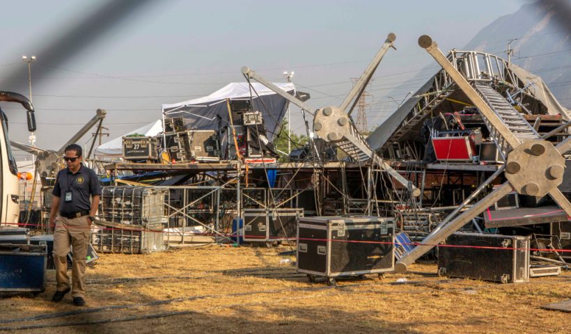A member of forensic services inspects the area where a stage collapsed the day before during a campaign rally for Mexican presidential candidate Jorge Alvarez Maynez in San Pedro Garza Garcia, Nuevo Leon, Mexico, on May 22, 2024. An election rally in northern Mexico descended into tragedy after a gust of wind sent the stage careening into the crowd on Wednesday night, killing at least nine people, including a child, authorities said. At least 78 other people were injured in the accident, some seriously, according to Nuevo Leon Governor Samuel Garcia. (Photo by Julio Cesar AGUILAR / AFP) (Photo by JULIO CESAR AGUILAR/AFP via Getty Images)