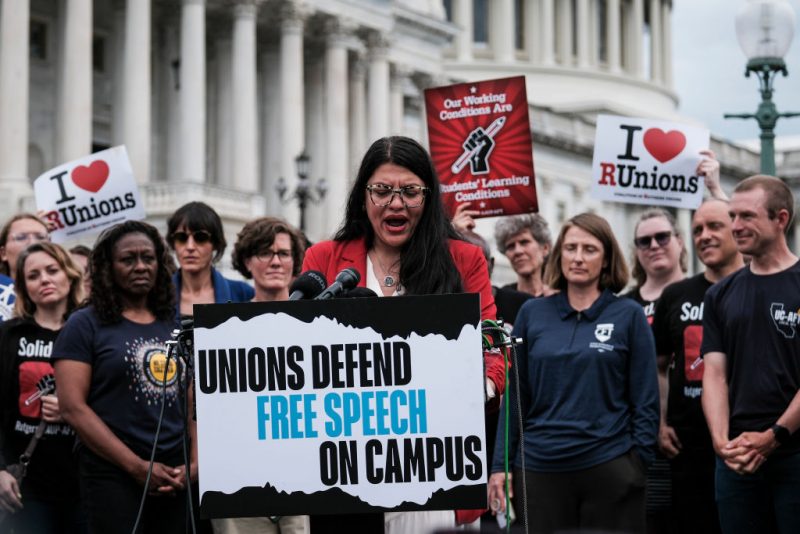 WASHINGTON, DC - MAY 23: Rep. Rashida Tlaib (D-MI) and university employees speaks to the press during a press conference " Unions Defend Free Speech on Campus" on Capitol Hill on May 23, 2024 in Washington, DC. University leaders testified to the House Republicans about how colleges have responded to pro-Palestinian protests and allegations of antisemitism on their campuses. (Photo by Michael A. McCoy/Getty Images)