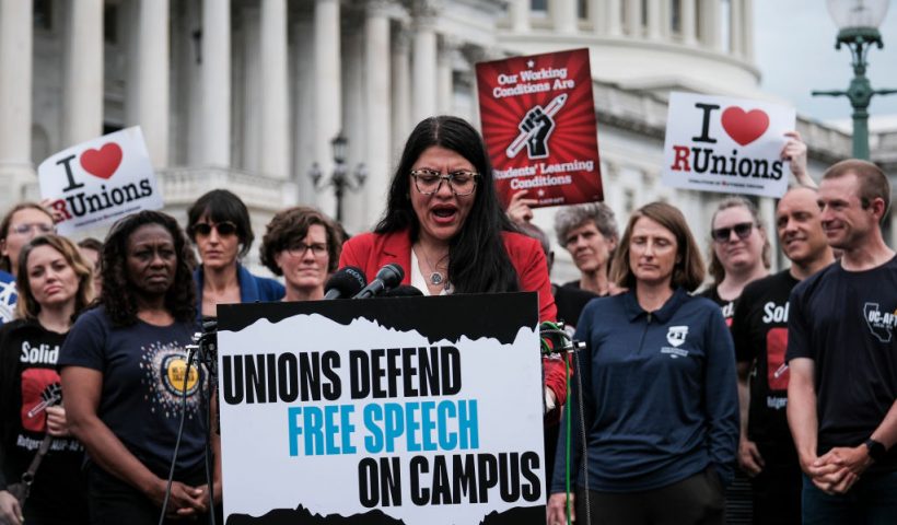 WASHINGTON, DC - MAY 23: Rep. Rashida Tlaib (D-MI) and university employees speaks to the press during a press conference " Unions Defend Free Speech on Campus" on Capitol Hill on May 23, 2024 in Washington, DC. University leaders testified to the House Republicans about how colleges have responded to pro-Palestinian protests and allegations of antisemitism on their campuses. (Photo by Michael A. McCoy/Getty Images)