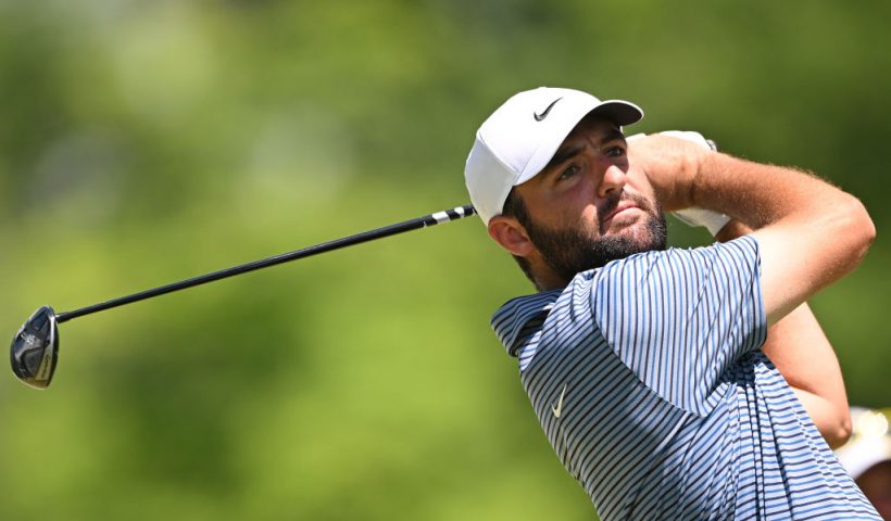 LOUISVILLE, KENTUCKY - MAY 19: Scottie Scheffler of the United States plays his shot from the 12th tee during the final round of the 2024 PGA Championship at Valhalla Golf Club on May 19, 2024 in Louisville, Kentucky. (Photo by Ross Kinnaird/Getty Images)