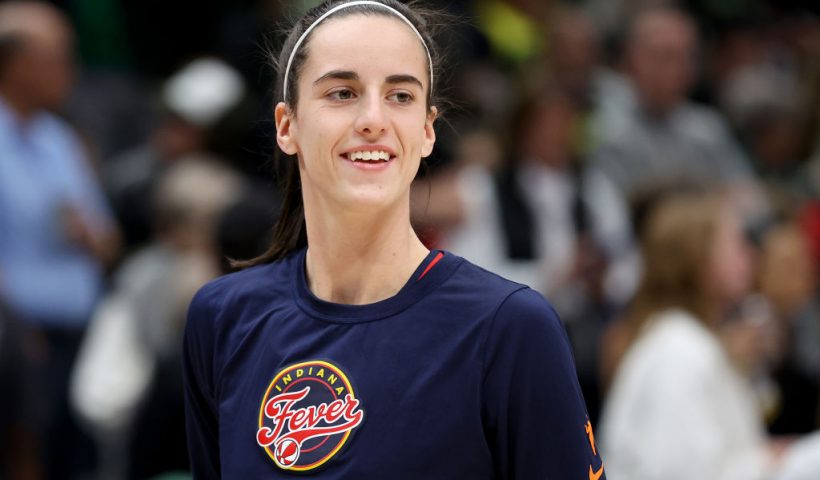 SEATTLE, WASHINGTON - MAY 22: Caitlin Clark #22 of the Indiana Fever looks on against the Seattle Storm at Climate Pledge Arena on May 22, 2024 in Seattle, Washington. NOTE TO USER: User expressly acknowledges and agrees that, by downloading and or using this photograph, User is consenting to the terms and conditions of the Getty Images License Agreement. (Photo by Steph Chambers/Getty Images)