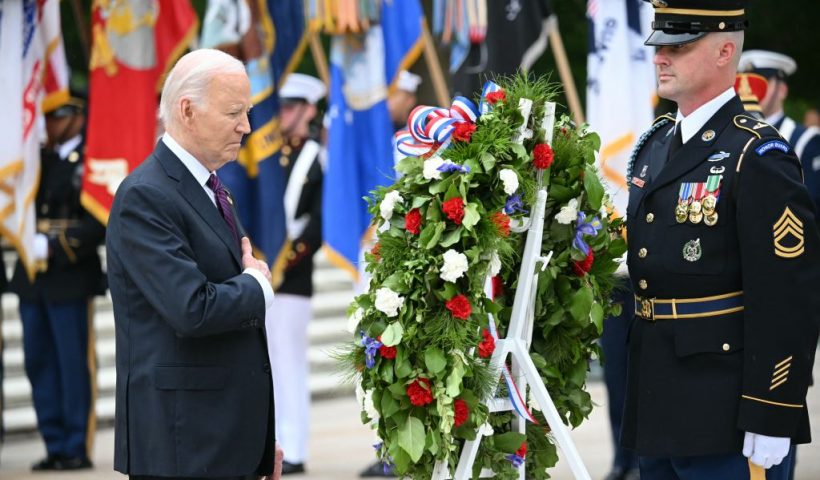 US President Joe Biden participates in a wreath laying ceremony at the Tomb of the Unknown Soldier at Arlington National Cemetery, in observance of Memorial Day on May 27, 2024, in Arlington, Virginia. (Photo by Mandel NGAN / AFP) (Photo by MANDEL NGAN/AFP via Getty Images)