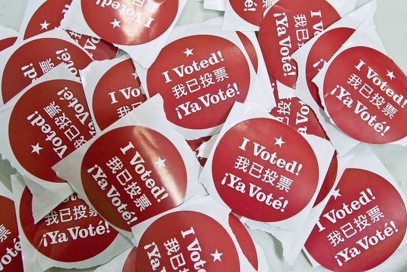 SAN FRANCISCO - FEBRUARY 5: Stickers that say "I Voted" in English, Spanish and Chinese are seen at a polling place February 5, 2008 in San Francisco, California. Voters in 24 states head to the polls today in the U.S. presidential election's biggest primary day, Super Tuesday. (Photo by David Paul Morris/Getty Images)