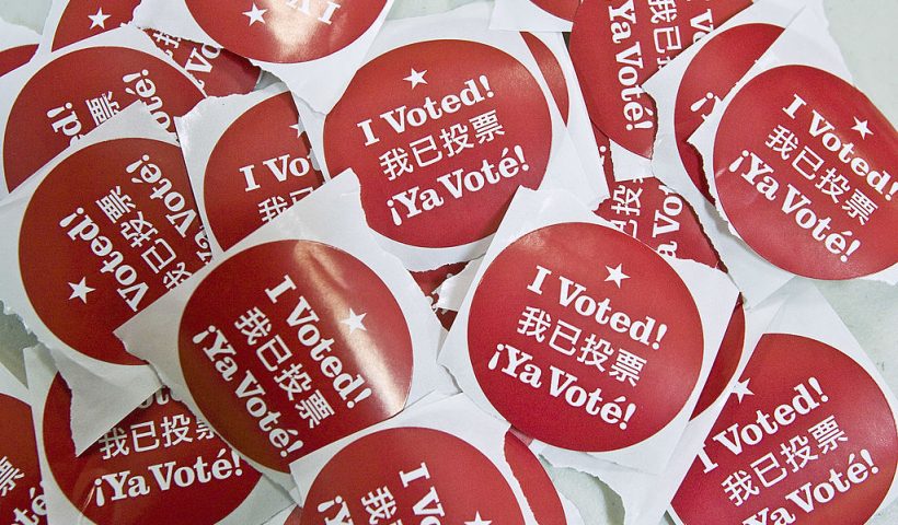 SAN FRANCISCO - FEBRUARY 5: Stickers that say "I Voted" in English, Spanish and Chinese are seen at a polling place February 5, 2008 in San Francisco, California. Voters in 24 states head to the polls today in the U.S. presidential election's biggest primary day, Super Tuesday. (Photo by David Paul Morris/Getty Images)