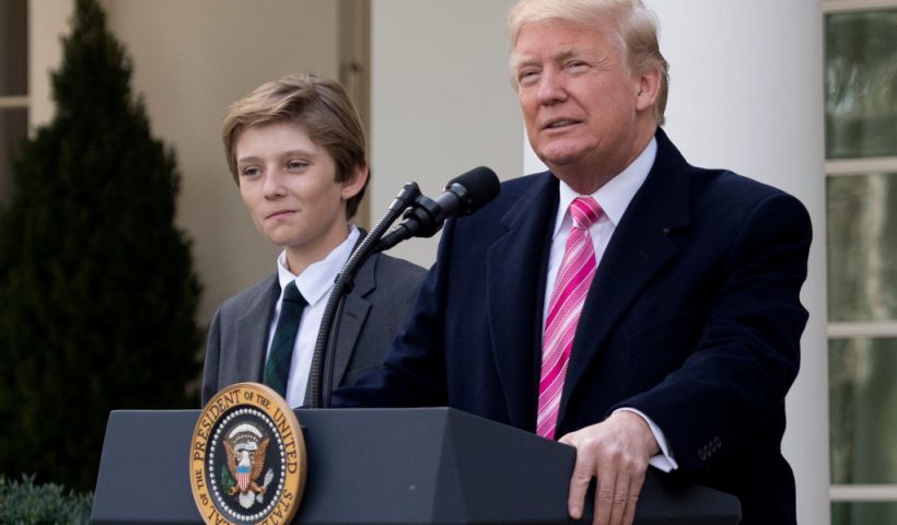 Barron Trump (L) smiles as his father US President Donald Trump speaks during the pardoning the Thanksgiving turkey Drumstick in the Rose Garden of the White House in Washington, DC, on November 21, 2017. (Photo by JIM WATSON / AFP) (Photo by JIM WATSON/AFP via Getty Images)