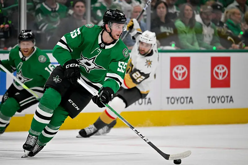 Dallas Stars defenseman Thomas Harley (55) skates against the Vegas Golden Knights during the first period in game seven of the first round of the 2024 Stanley Cup Playoffs at American Airlines Center. Mandatory Credit: Jerome Miron-USA TODAY Sports