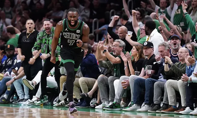 Boston Celtics guard Jaylen Brown (7) reacts after a play against the Indiana Pacers in the second half during game two of the eastern conference finals for the 2024 NBA playoffs at TD Garden. Mandatory Credit: David Butler II-USA TODAY Sports