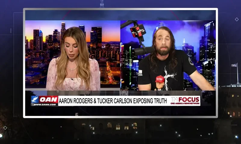 Video still from In Focus on One America News Network showing a split screen of the host on the left side, and on the right side is the guest, Jess Weber.