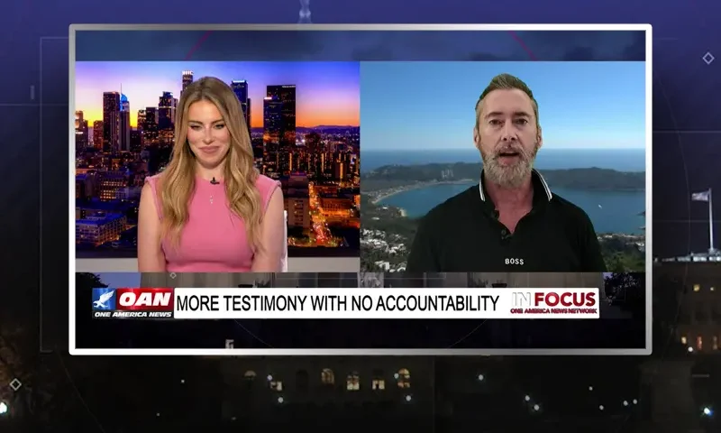 Video still from In Focus on One America News Network showing a split screen of the host on the left side, and on the right side is the guest, Jeff Berwick.
