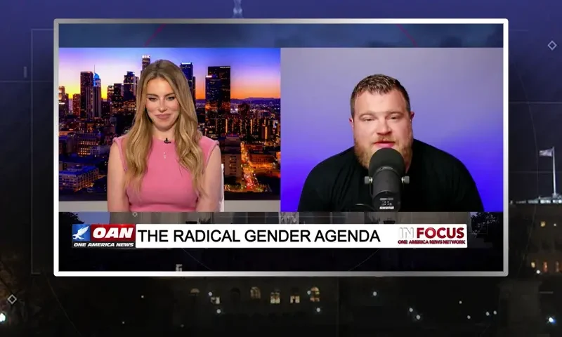 Video still from In Focus on One America News Network showing a split screen of the host on the left side, and on the right side is the guest, Ross Duh Boss.