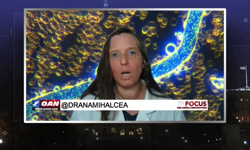 Video still from In Focus on One America News Network during an interview with the guest, Dr. Ana Maria Mihalcea.