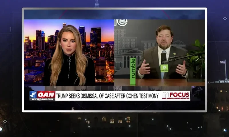 Video still from In Focus on One America News Network showing a split screen of the host on the left side, and on the right side is the guest, Ed Martin.